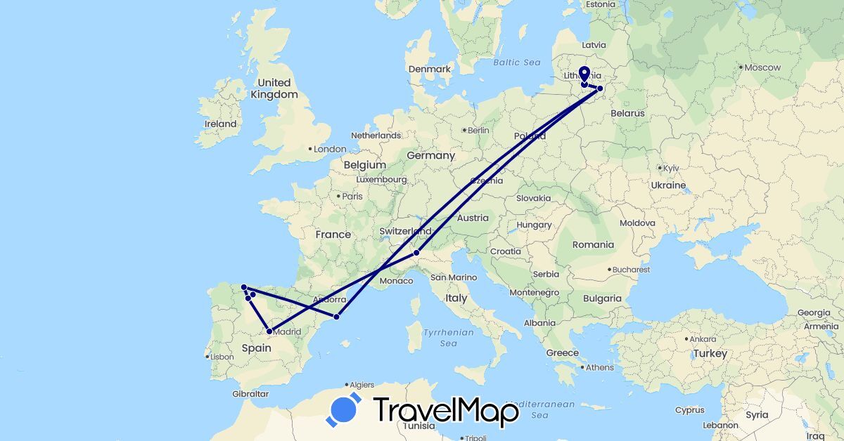 TravelMap itinerary: driving in Spain, Italy, Lithuania (Europe)